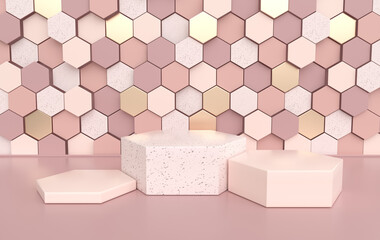 Aufkleber - 3d rendered studio with geometric shapes, podium on the floor. Platforms for product presentation, mock up background. Abstract composition in minimal design, pastel and gold colors