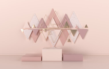 Aufkleber - 3d rendered studio with geometric shapes, podium on the floor. Platforms for product presentation, mock up background. Abstract composition in minimal design, pink and gold colors