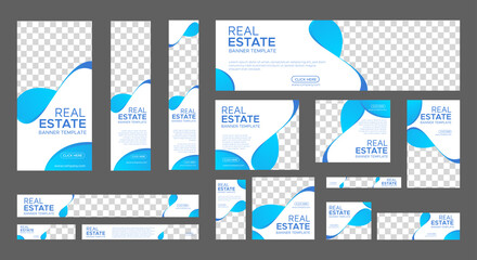 Real Estate web banner design template Set. Vertical, Horizontal and Square banners with standard size and place for photos. Vector design EPS	