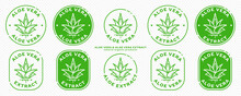 Stamps For Packaging Of Cosmetic Products. The Label Is Aloe Vera Extract. Plant Icon With Flowing Ingredient Line. Vector Set.