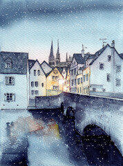 Watercolor illustration of an old European town with a bridge above the river, some houses and cathedral in the background
