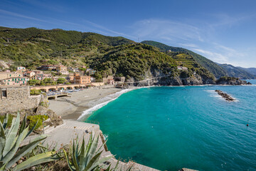 Beautiful seascape . View of seascape in Monterosso al Mare village in Cinque Terre on the Italian Riviera