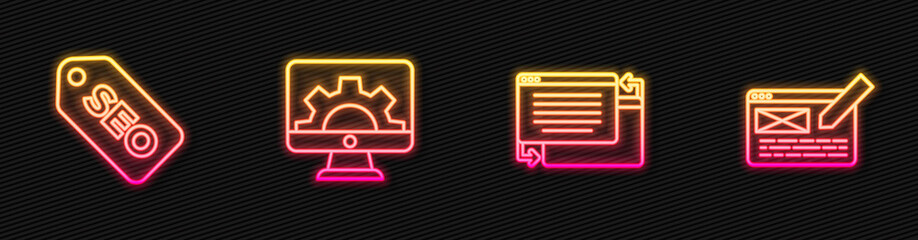 Set line UI or UX design, SEO optimization, Web development and . Glowing neon icon. Vector.
