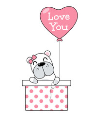 Vector of cute dog in gift box with heart balloon. Valentine's concept.