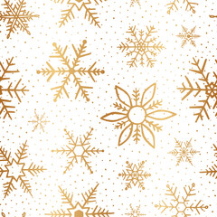 Poster - Snowflake golden seamless pattern. Winter gold background. Repeated elegant texture. Repeating delicate snow backdrop. Falling random snowflakes for design winter prints. Scatter snowflakes. Vector