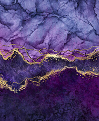 Wall Mural - abstract background, digital marbling illustration, violet blue purple marble with golden veins, fake painted artificial stone texture, marbled surface