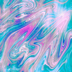 Poster - Abstract wavy vibrant facture. Splashed liquid paints. Psychedelic trippy effect. Distortion. Creative graphic design. Colorful artistic illustration. Digital art. Cover for music album. 