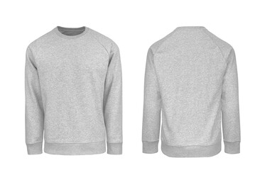 Add your own design. Men's Heather Grey Sweatshirt with Raglan Sleeve, cutout and Isolated on a White Background for Branding and Personalisation. Photographed on a Medium Male Ghost Mannequin.
