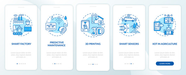 Industry 4.0 tendency onboarding mobile app page screen with concepts. Smart farming, 3D printing, sensors walkthrough 5 steps graphic instructions. UI vector template with RGB color illustrations