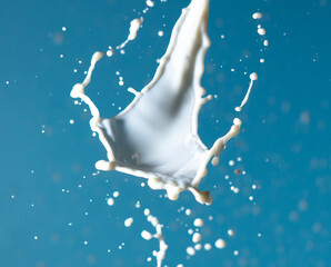 Splashes of white milk isolated on a blue background.