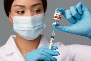 Poster - Coronavirus Immunization. Doctor With Syringe Taking Dose Of Covid-19 Vaccine From Vial