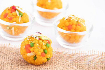 Festive Indian Mithai Jodhpuri Ladoo Also Called Boondi Or Bundi Ladoo Made Of Gram Flour Besan And Desi Ghee .Laddoo Is Served On Festivals Like Holi Pooja Diwali Puja Eid Rakshabandhan And Weddings