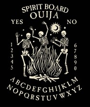 Spirit Board Ouija With Skeletons Dance. Dancing Skeletons Near The Fire. Vector Illustration.