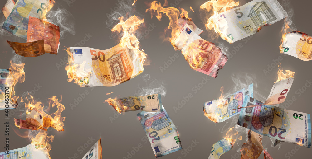 Burning Euro banknotes falling down - obrazy, fototapety, plakaty 