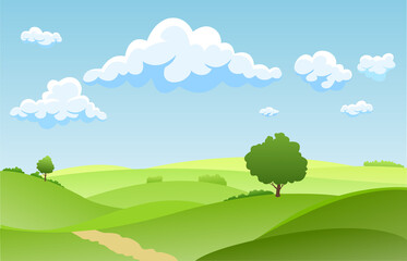 landscape summer green fields with grass,trees,white cloud and blue sky .vector