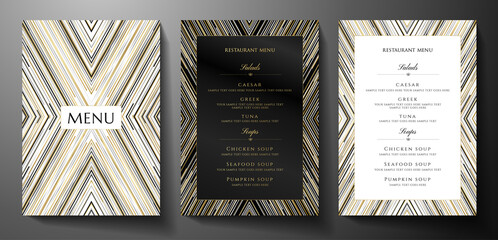 Wall Mural - PrintDesign restaurant menu template with gold, black, silver glitch lines on black background. Luxury frame pattern (stripe border). Elegant cover useful for Creative Cafe Menu