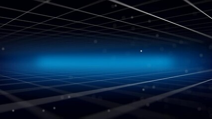 Poster - A wonderful 3d rendering of a cyberspace network and flying dots put on a grid from squares in the dark blue background placed aslant. Shallow depth of field. Seamless loop.