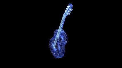 The hologram of a rotating guitar. 3d animation of musical instrument on black background with seamless loop