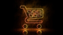 Orange And Yellow Neon Light Shopping Icon. Vibrant Colored Technology Symbol, Isolated On A Black Background. 3D Render 