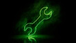 © RocknRoller Studios - Green neon light tool icon. Vibrant colored technology symbol, isolated on a black background. 3D Render