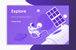 Man makes a spacewalk. Astronaut, planets, space, universe, sky. Modern template for web page, landing page, presentation, banner. Purple background. Place for text. Vector illustration. EPS 10 