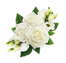 Bouquet Of White Roses And Eustoma Flowers Isolated On White