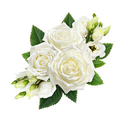 Bouquet of white roses and eustoma flowers isolated on white