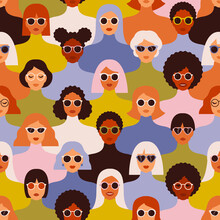 Female Diverse Faces Of Different Ethnicity Seamless Pattern. Women Empowerment Movement Pattern. International Women S Day Graphic In Vector.