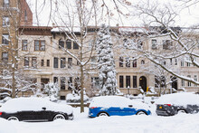 Winter Scene With Snow Covered Cars Parked Along Streets In Brooklyn, NY. Brownstones In Winter Season