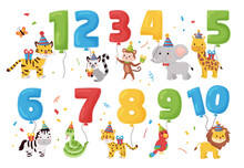 Jungle Animals With Numbers Balloons, Gifts And Hats. Vector Cartoon Characters. Illustration For Birthday Invitations And Greeting Cards.