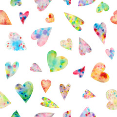 Seamless pattern with cute watercolour colourful hearts on white background. Valentine's day seamless pattern for  fabric, wallpaper, stationery. Wedding pattern