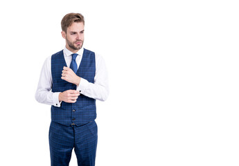 Get an update. Handsome man wear vest with pants. Fashion look of white collar. Formal fashion style