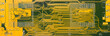 Printed circuit board panoramic background on computer hardware card. Back side of yellow multilayer PCB with green solder stop mask and high density interconnects. Line pattern on electronic texture.