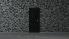 Grey Brick Wall, Black Door And Wooden Floor, Abstract Empty Interior Background. 3d Illustration