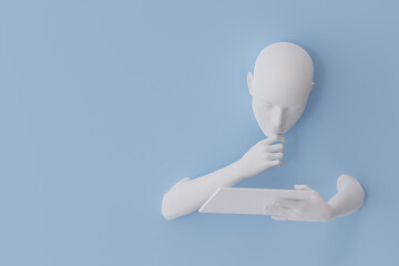 A female head without hair, hands protruding from the wall, holding a tablet. Mannequin body.  Portrait of a woman, body parts from a blue wall.Concept. 3d render.