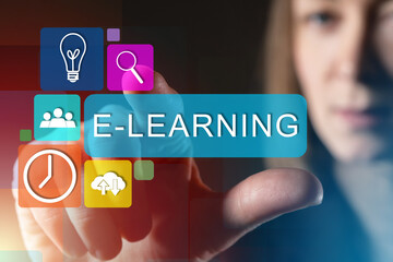Poster - E-learning via Internet. Girl reaches for lettering e-learning. She clicks on it on virtual screen. Online training for online courses. Electronic platform for e-learning. Online university admission