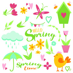 Fototapete - Spring easter clip art set in simple flat hand drawn style. Vector collection illustration isolated on white background. Flowers, leaves, cloud, umbrella, chick, bee, spring lettering.