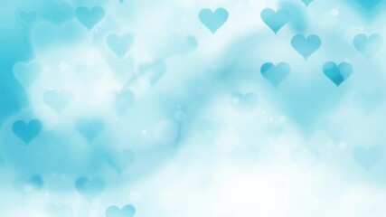 Wall Mural - Abstract blue white colored hearts on blurry smooth bokeh copy space background. Concept modern Valentine's Day slow motion animation.