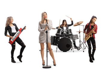 Wall Mural - Female music band with a drummer, sax player, keaytar player and a front singer