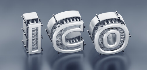Aufkleber - Initial Coin Offering. Designed in a modern steampunk style capital letters, which are composed into the abbreviation of I.C.O. on reflective background. 3d rendering graphics in isometric projection.