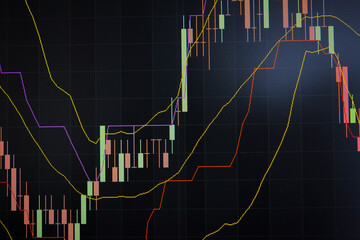 Stock market data on digital LED display. Fundamental and technical analysis with candle stick graph chart of stock market trading to represent about Bullish and Bearish point.