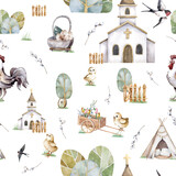 Cute a happy farm animals and people seamless pattern background. This pattern is seamless and can be easily tiled to make larger pattern.