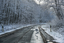 Country Road Through A Forest In Winter, Danger On The Slippery Wet And Freezing Asphalt, Traffic And Transportation Concept, Copy Space