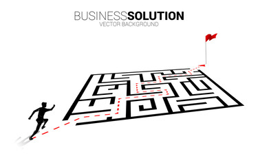 Poster - Silhouette of businessman running on route path go around the maze to goal. Business concept for problem solving and finding idea.