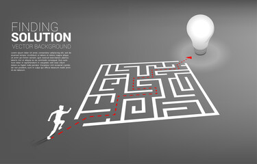 Poster - Silhouette of businessman running with route path to exit the maze to light bulb. Business concept for problem solving and finding idea.