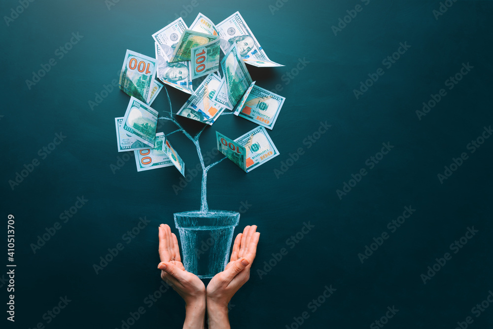 Hands holding money tree made by us dollar bills. Business, saving ...