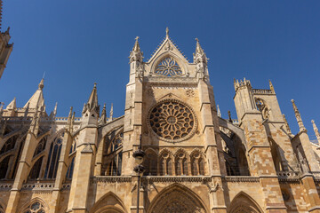 Castilla Leon, Spain - September 5, 2020: Detail of the rose window of the Gothic Cathedral of Leon. The Santa María de León Cathedral, also called The House of Light or the Pulchra Leonina.