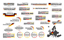 Big Vector Set Of German Ribbons, Symbols, Icons And Flags Isolated On A White Background. Made In Germany. Welcome To Germany. Premium Quality. German Tricolor Set For Your Infographics And Templates