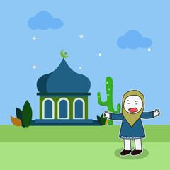 Poster - Cute and happy Muslim girl standing in front of the mosque.