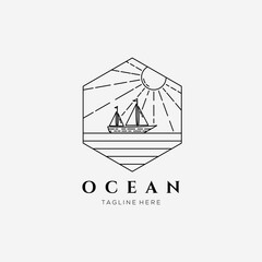 Wall Mural - sail boat ocean sunburst line art logo vector illustration design